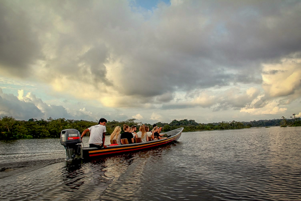 We explored the river in these motorized canoes